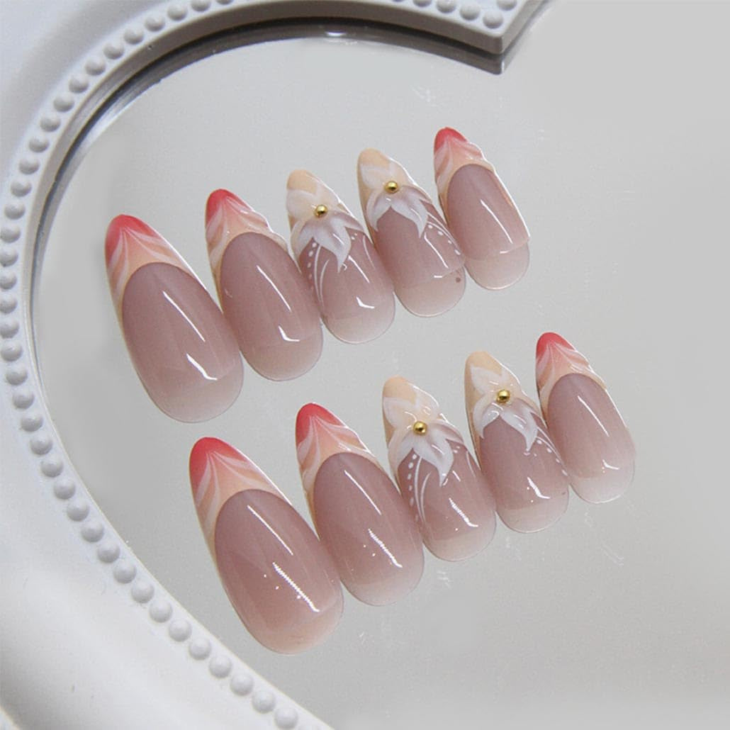 French Tip Press on Nails Almond - Press on Nails Medium, Acrylic Fake Nails Nude 3D Flower Design Nails Clear False Nail Tips-24pcs