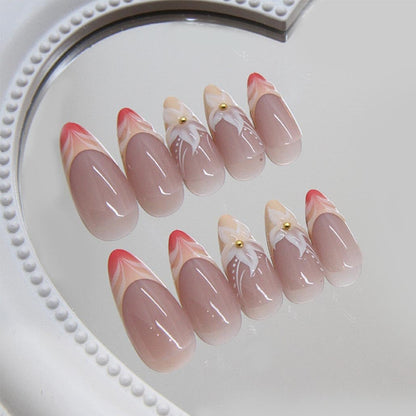 French Tip Press on Nails Almond - Press on Nails Medium, Acrylic Fake Nails Nude 3D Flower Design Nails Clear False Nail Tips-24pcs