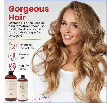 Organic Castor Oil, Cold Pressed & Hexane Free – For Hair & Scalp Care, Eyelashes, Eyebrows & Skin Moisturizing – USDA Certified, Pure & Natural – 16 fl oz