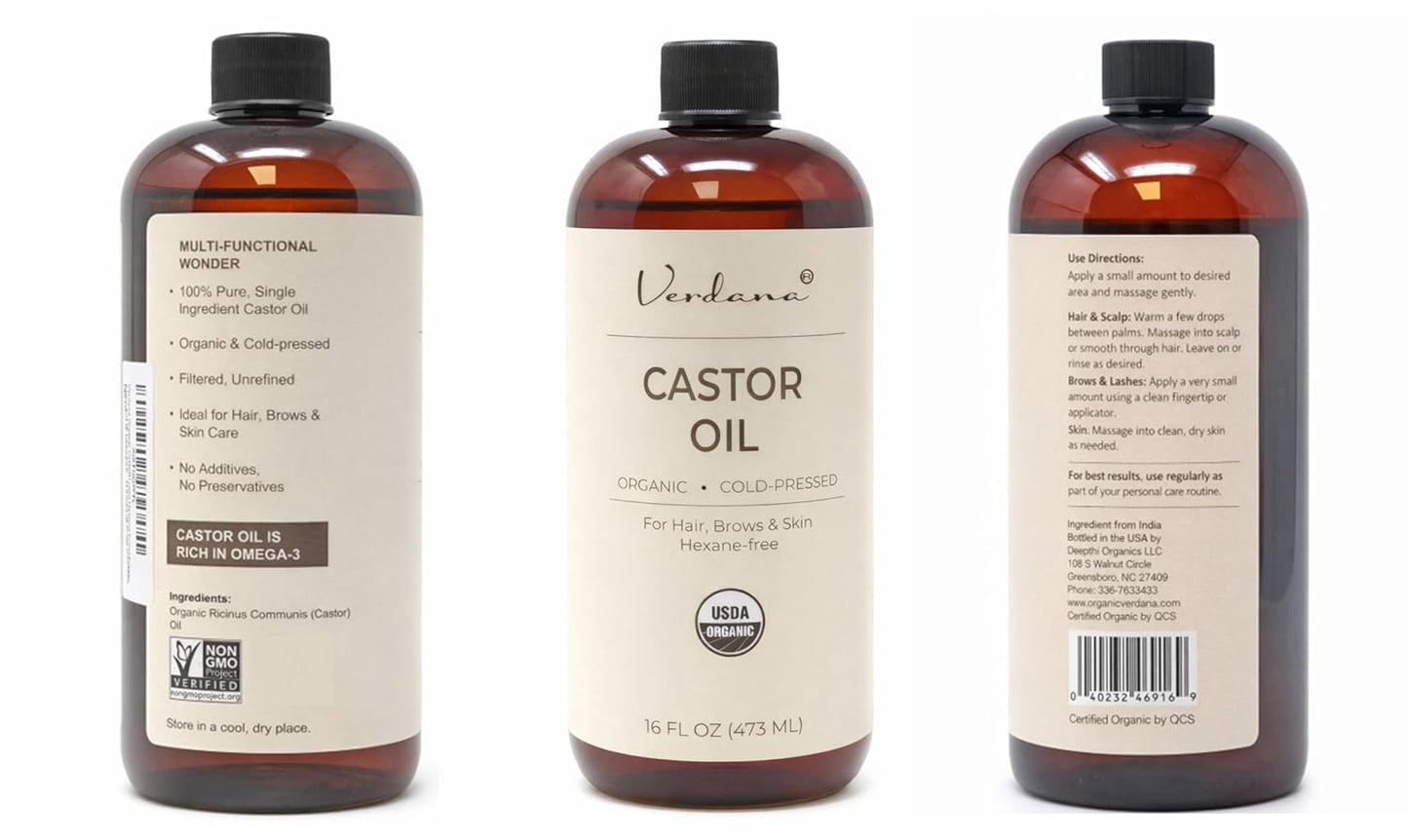 Organic Castor Oil, Cold Pressed & Hexane Free – For Hair & Scalp Care, Eyelashes, Eyebrows & Skin Moisturizing – USDA Certified, Pure & Natural – 16 fl oz