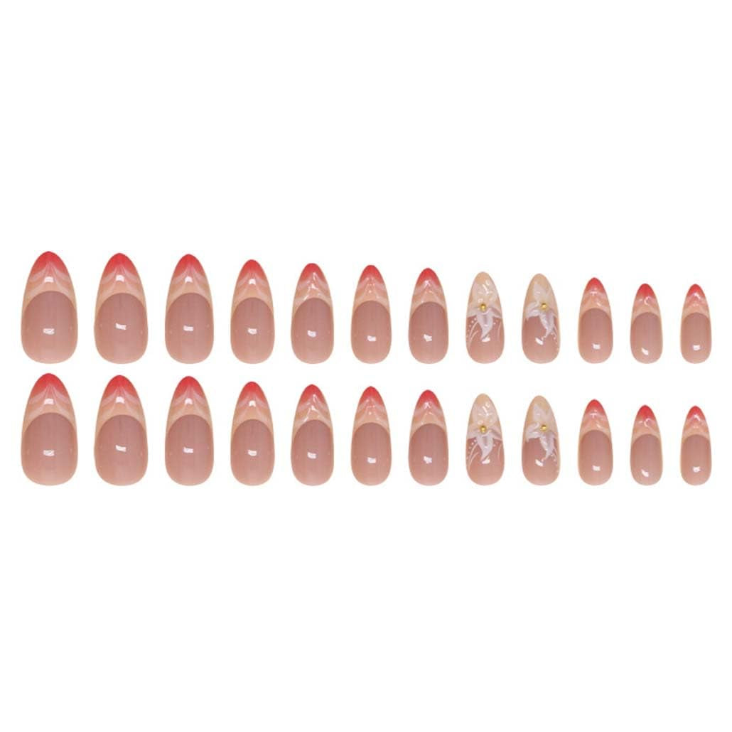 French Tip Press on Nails Almond - Press on Nails Medium, Acrylic Fake Nails Nude 3D Flower Design Nails Clear False Nail Tips-24pcs