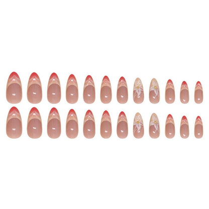 French Tip Press on Nails Almond - Press on Nails Medium, Acrylic Fake Nails Nude 3D Flower Design Nails Clear False Nail Tips-24pcs